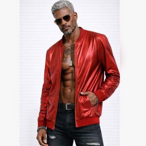 $118 Coofandy Men's Red Metallic Bomber Jacket Zip Front Y2K Streetwear Medium